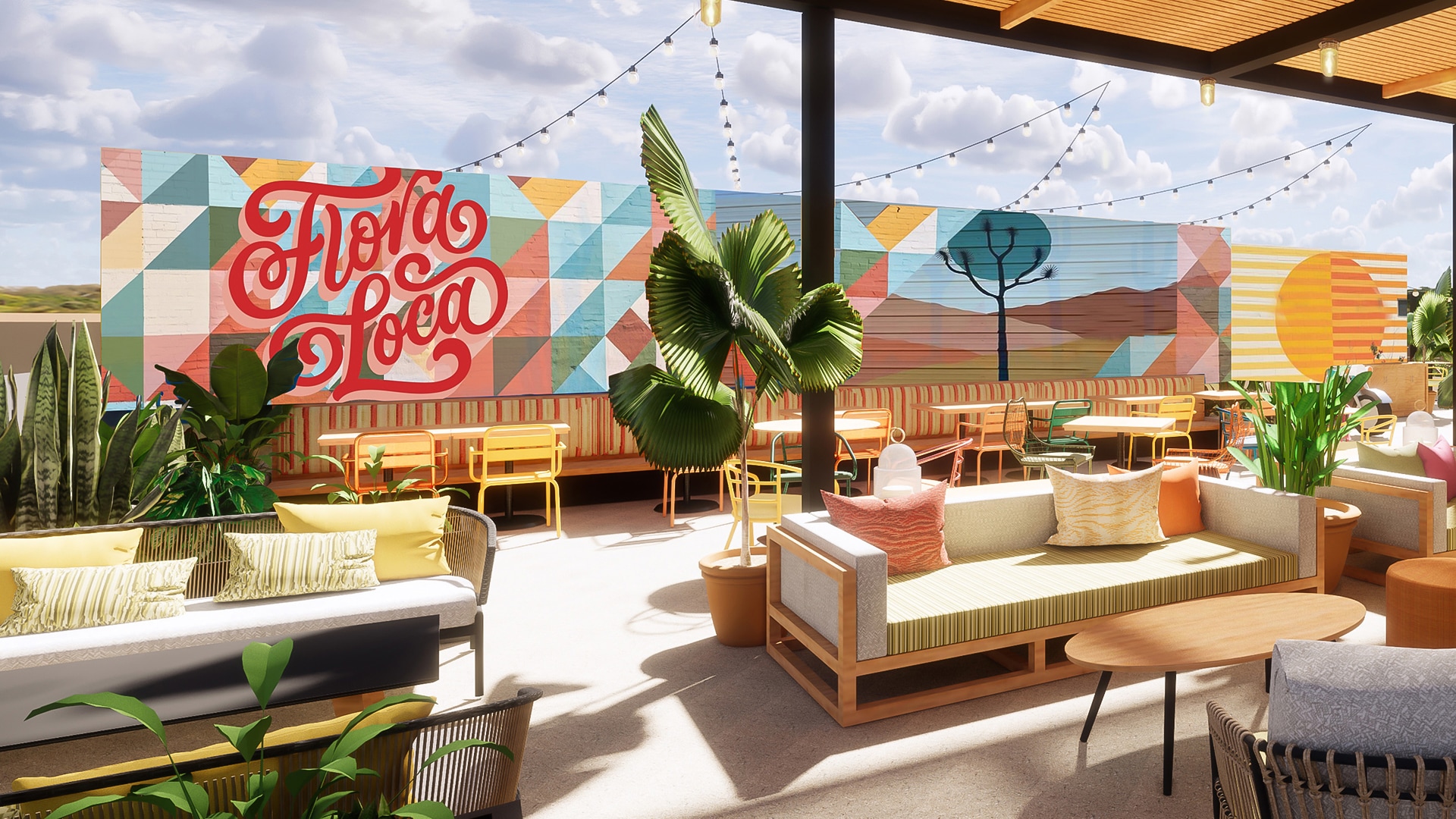 a patio with a large wall and a large sign