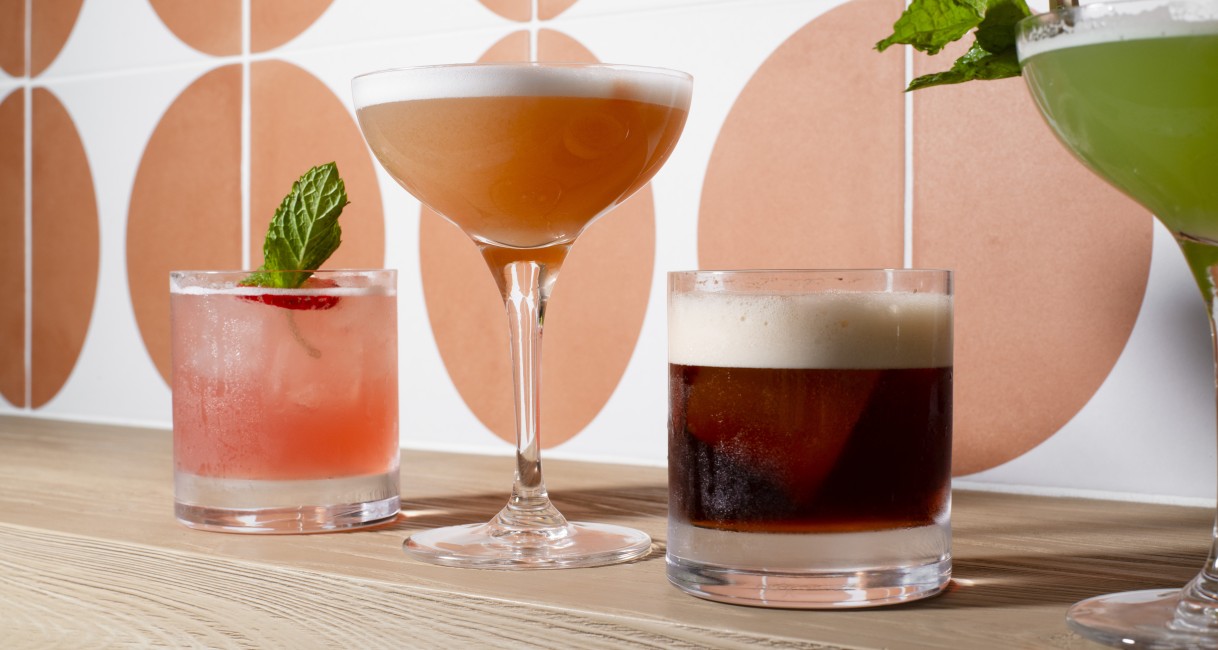 a group of drinks on a table