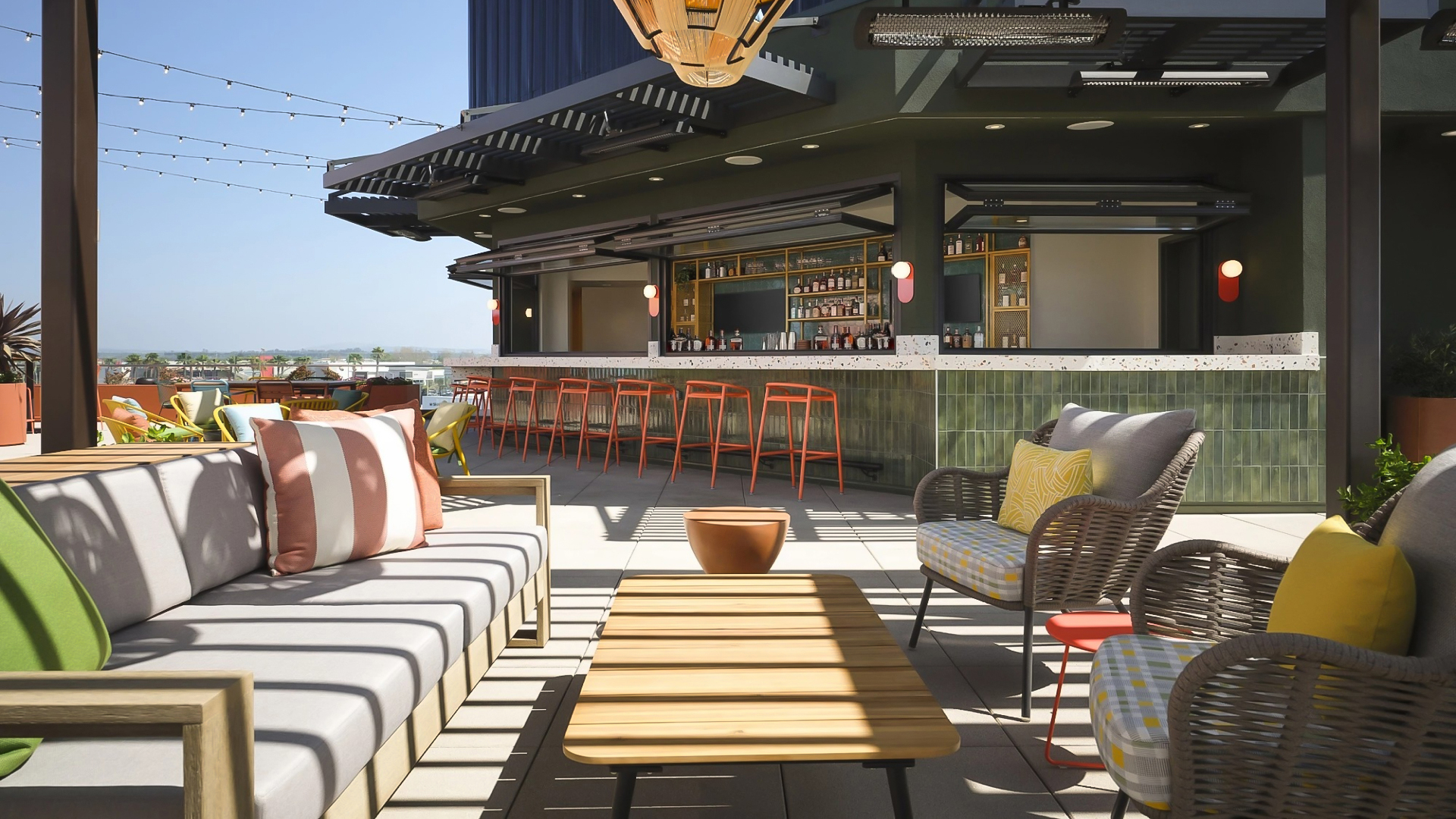 a patio with a table and chairs
