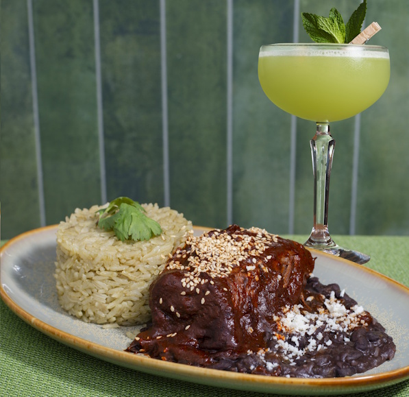 a plate of food and a drink