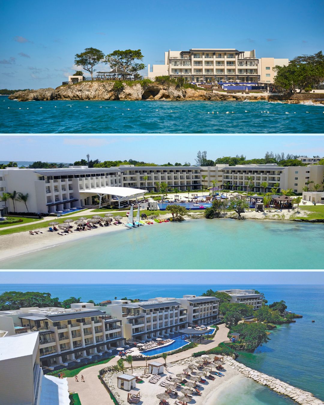 a collage of a hotel and a beach