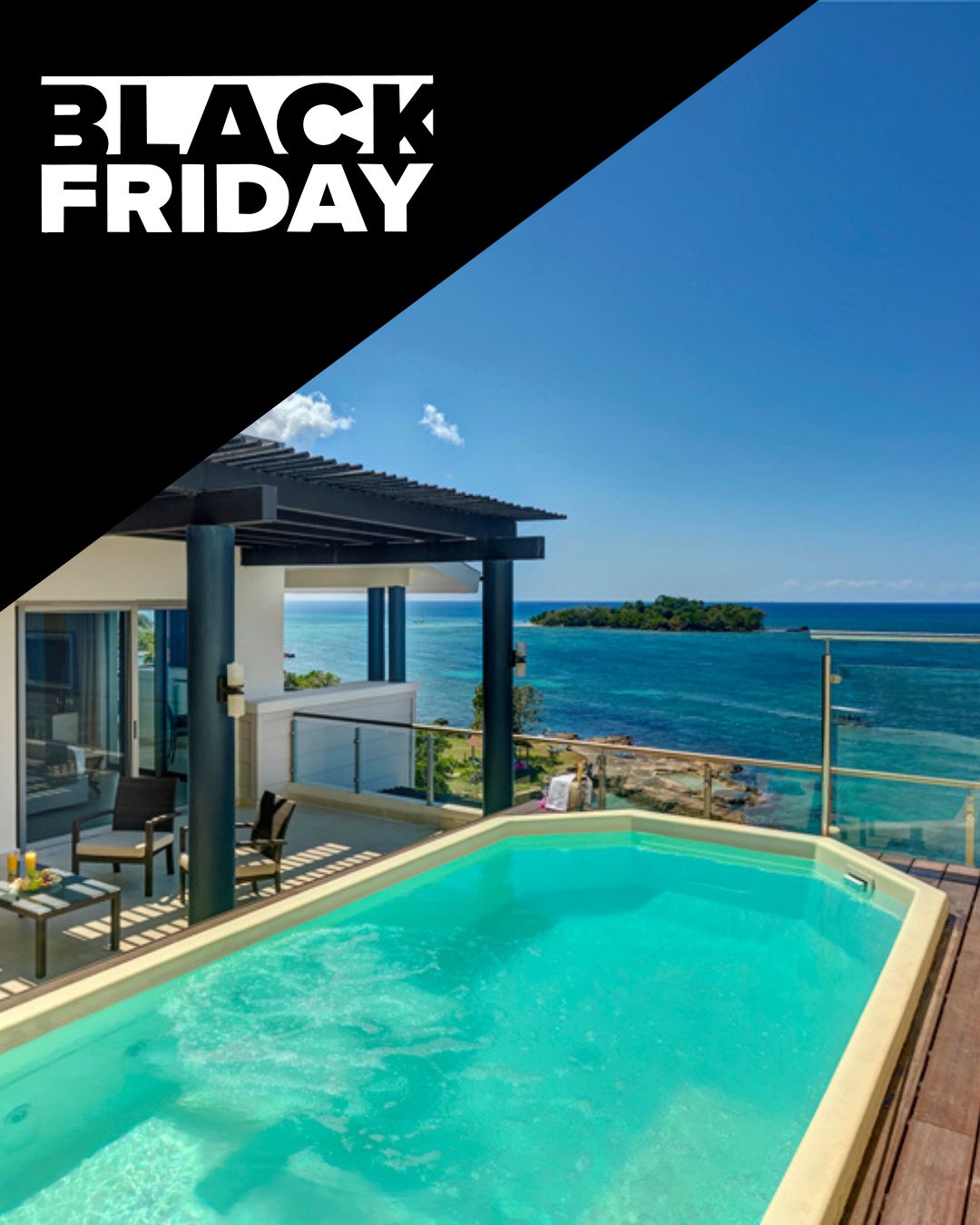 a pool with a deck overlooking the ocean