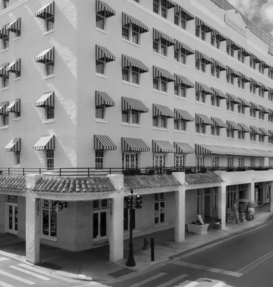 a building with awnings on the front