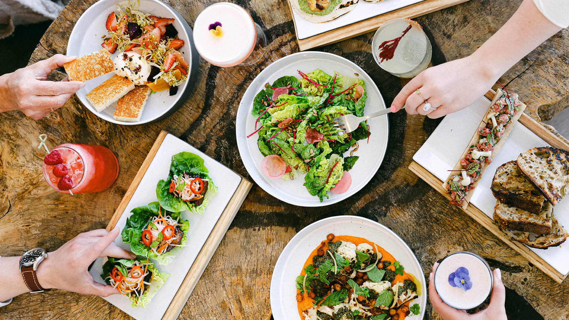 a group of people eating food