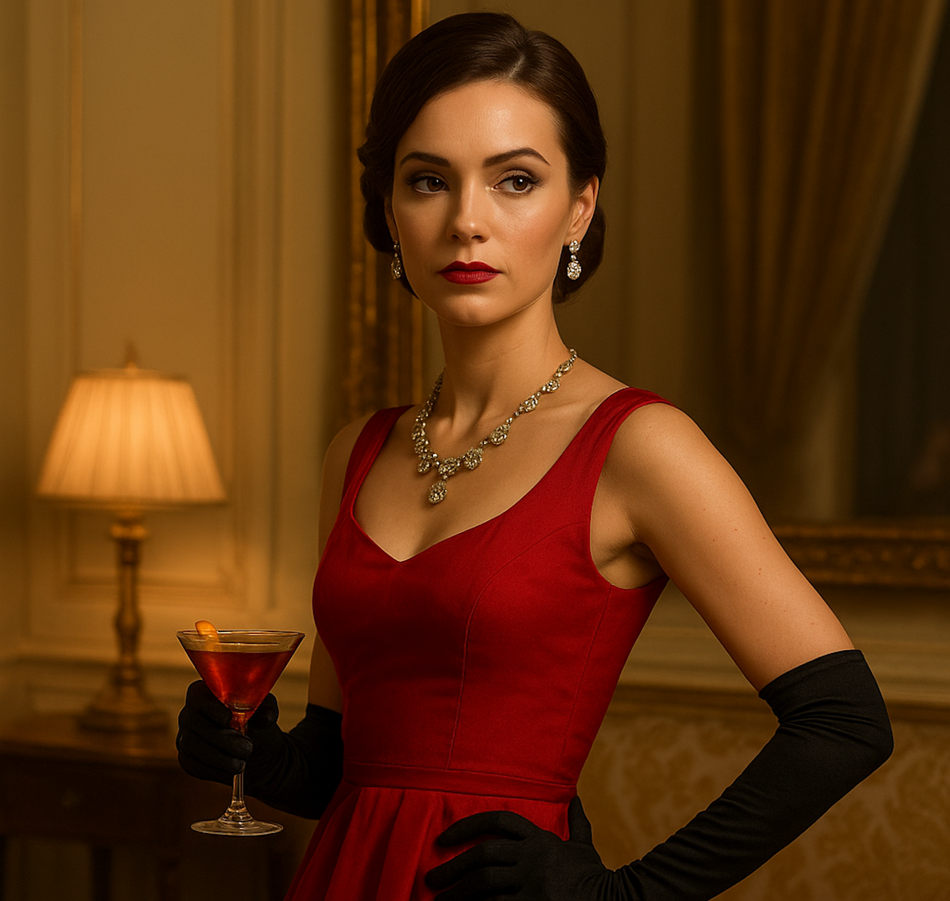 a woman in a red dress holding a drink