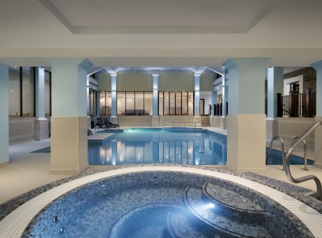 a swimming pool inside a building