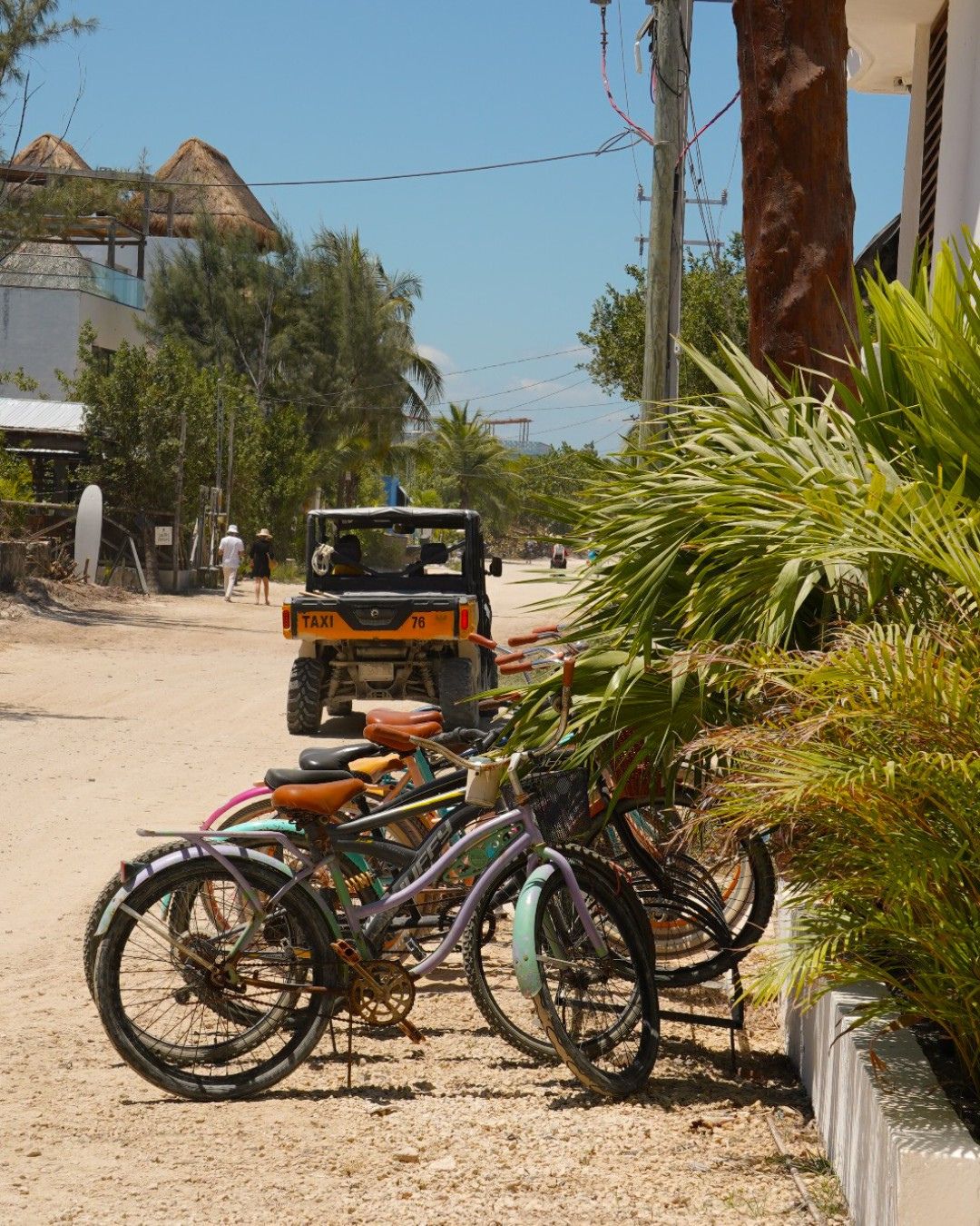 a group of bicycles parked on a dirt road