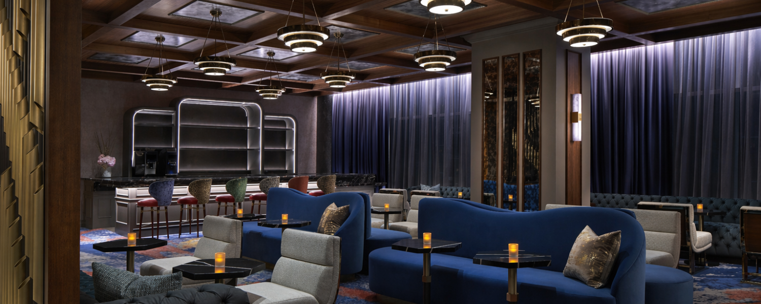 a room with a couch and tables