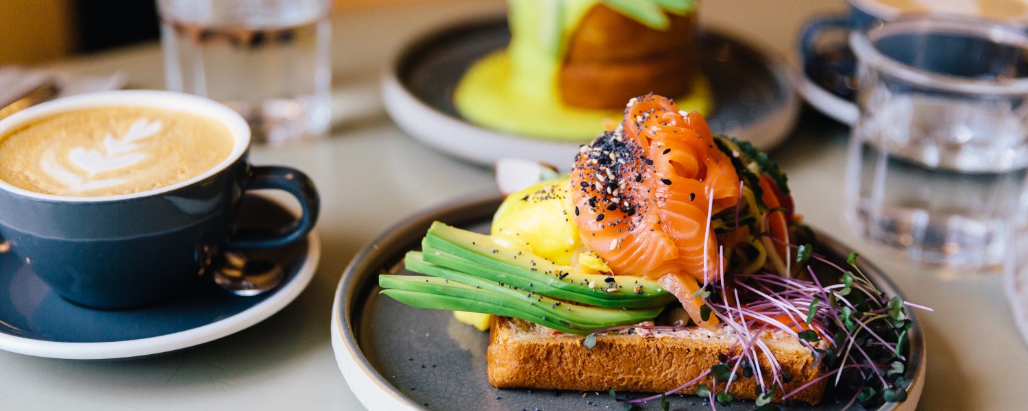 a plate of food and a cup of coffee
