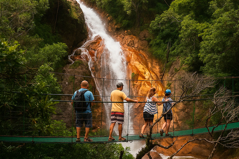 a group of people on a bridge over a waterfall