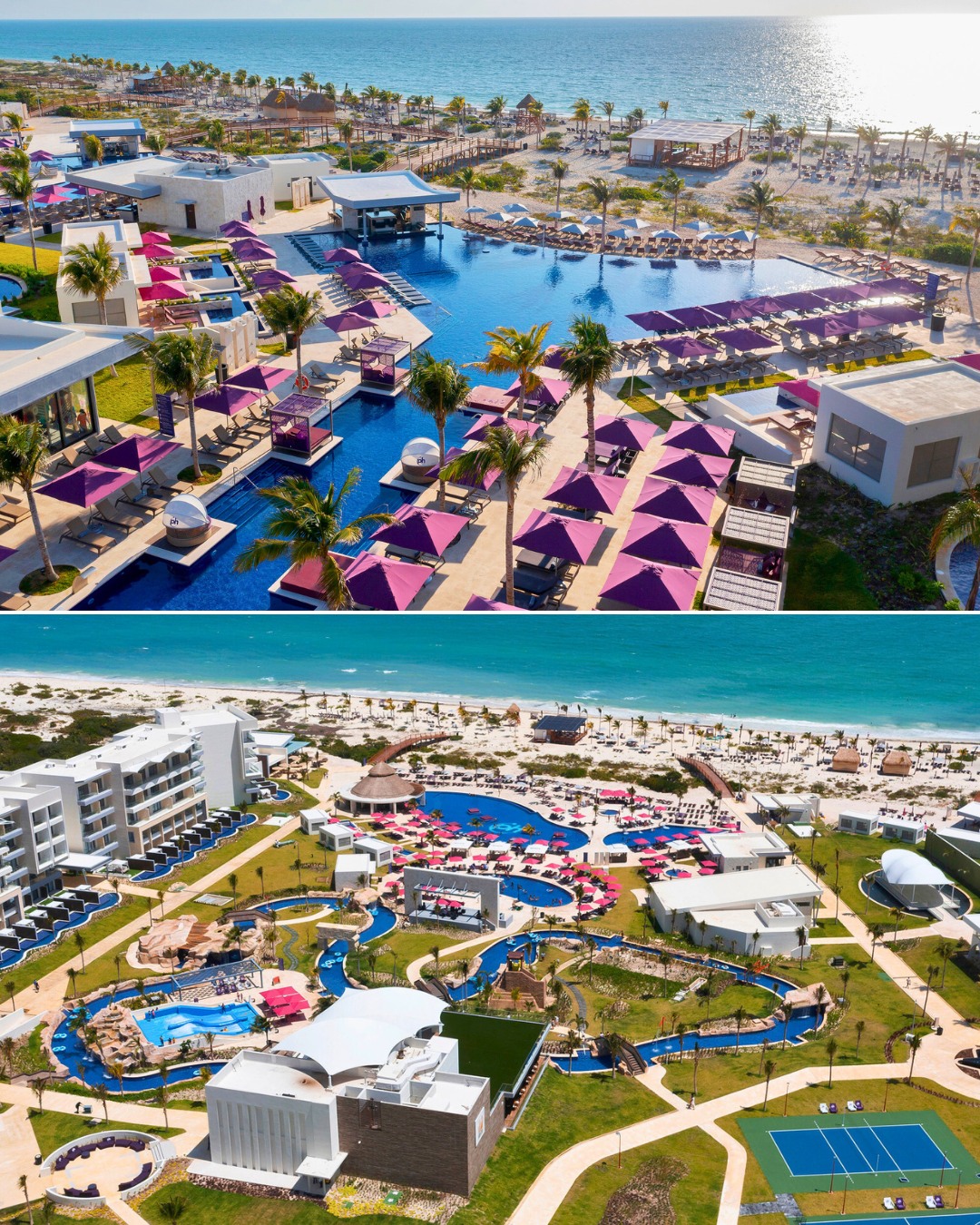 a collage of a resort with a pool and a beach