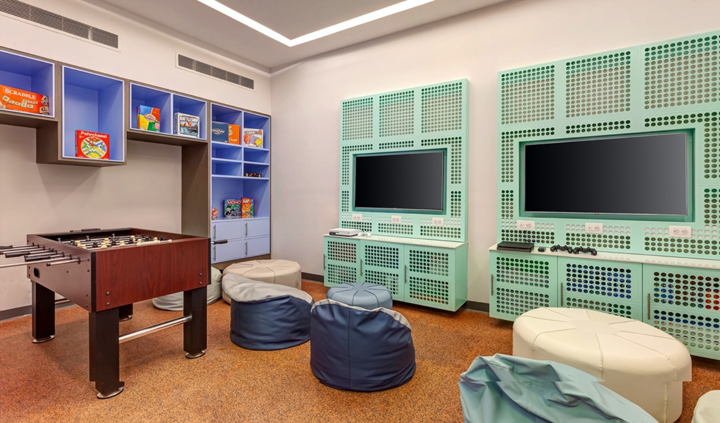 a room with a table and a television