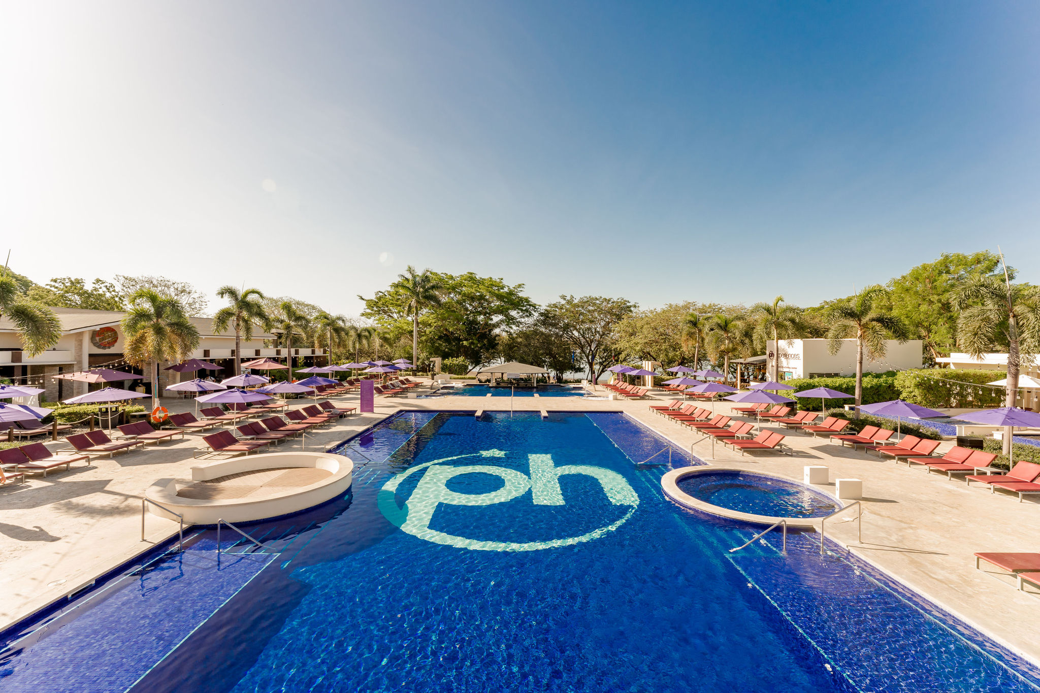 a pool with chairs and umbrellas