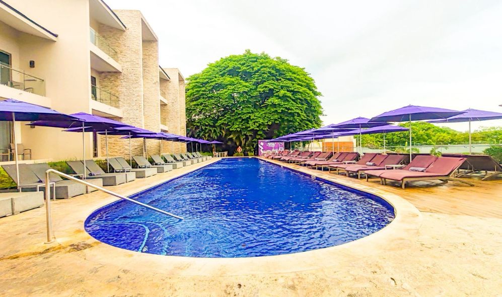 a pool with purple umbrellas and chairs