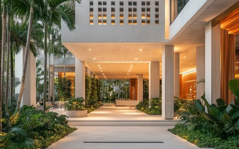 a building with a walkway and plants