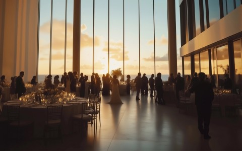 a group of people in a room with tables and chairs