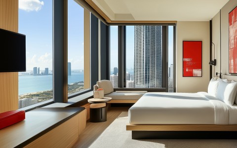 a room with a large window overlooking a city