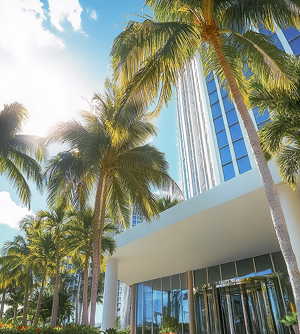 a tall building with palm trees