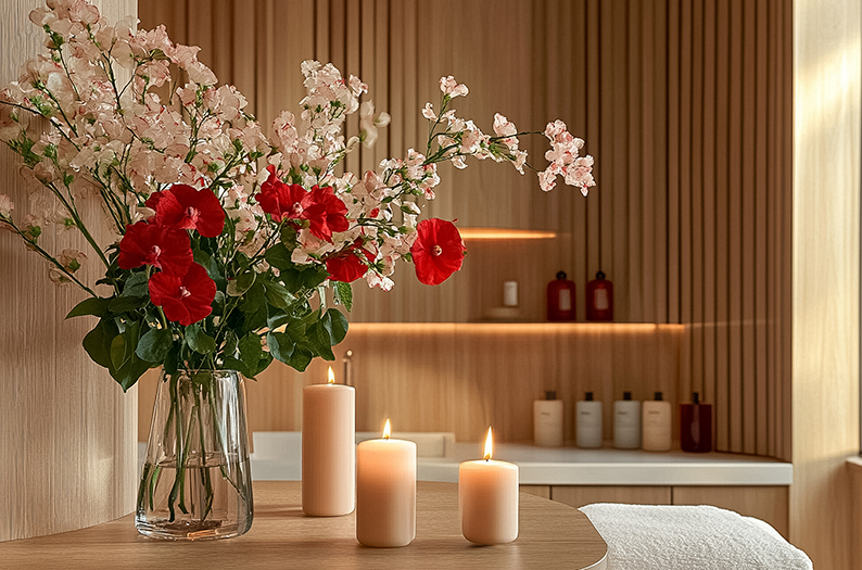a vase of flowers and candles on a table