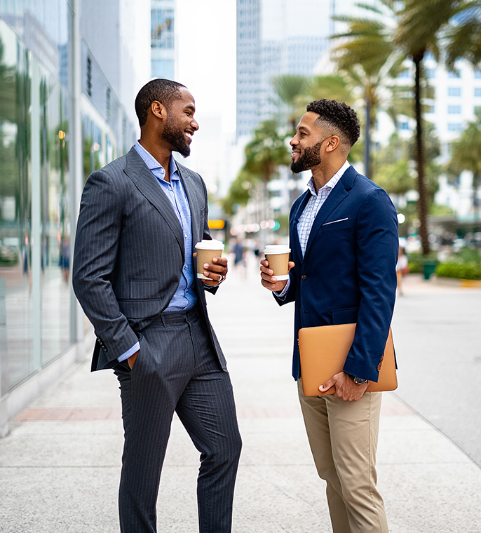 two men in suits holding coffee cups and standing on a sidewalk