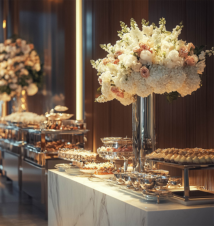 a buffet table with food and flowers