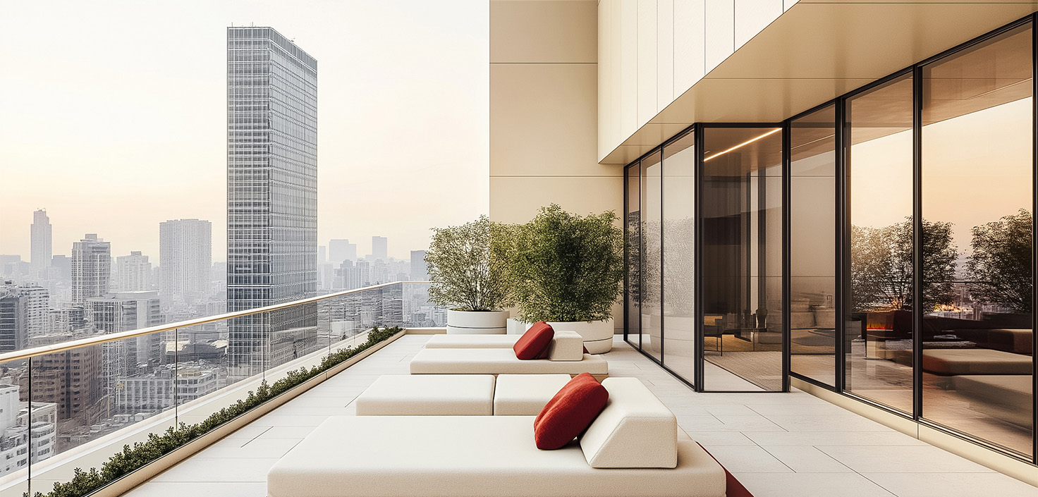 a balcony with white couches and plants