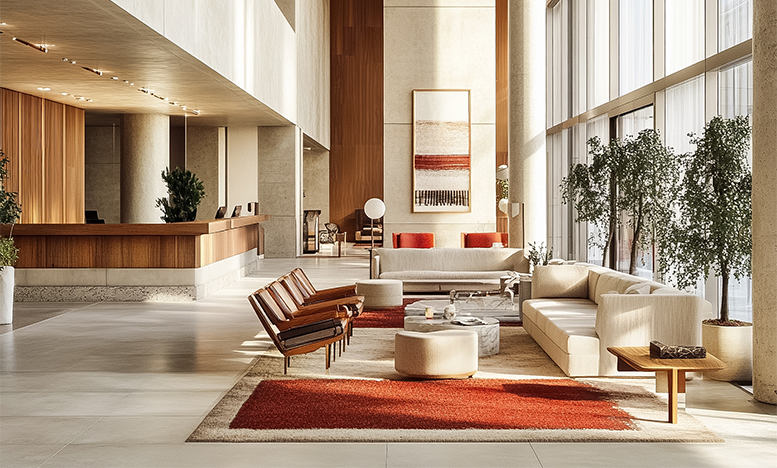 a large room with a large reception desk and a large couch