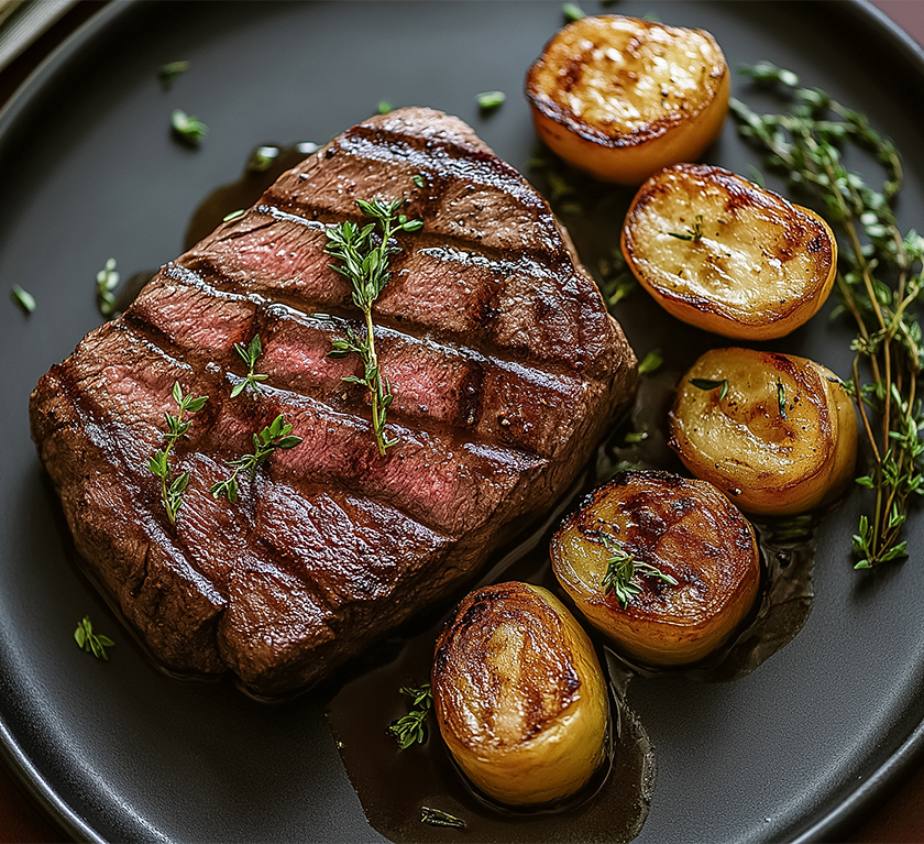 a plate of food with a piece of meat and potatoes