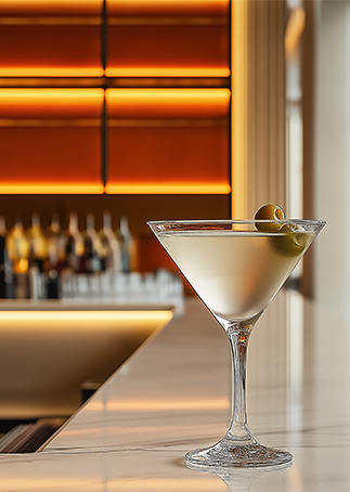 a martini glass with a green olive on top