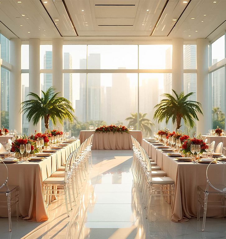 a room with tables and chairs and palm trees