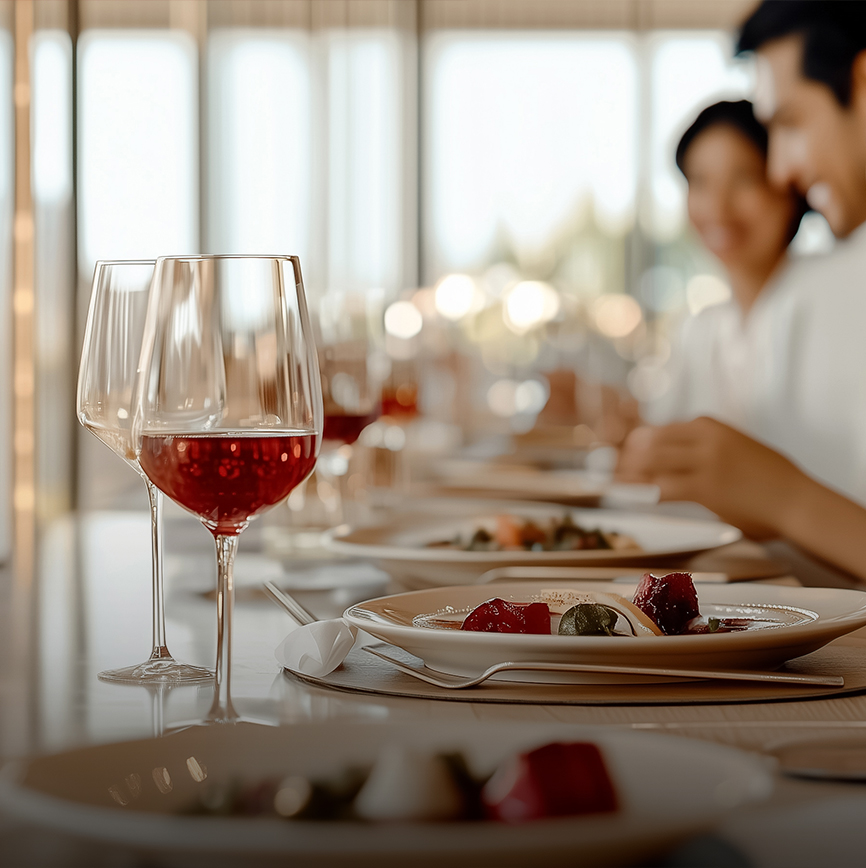a table with plates of food and wine glasses