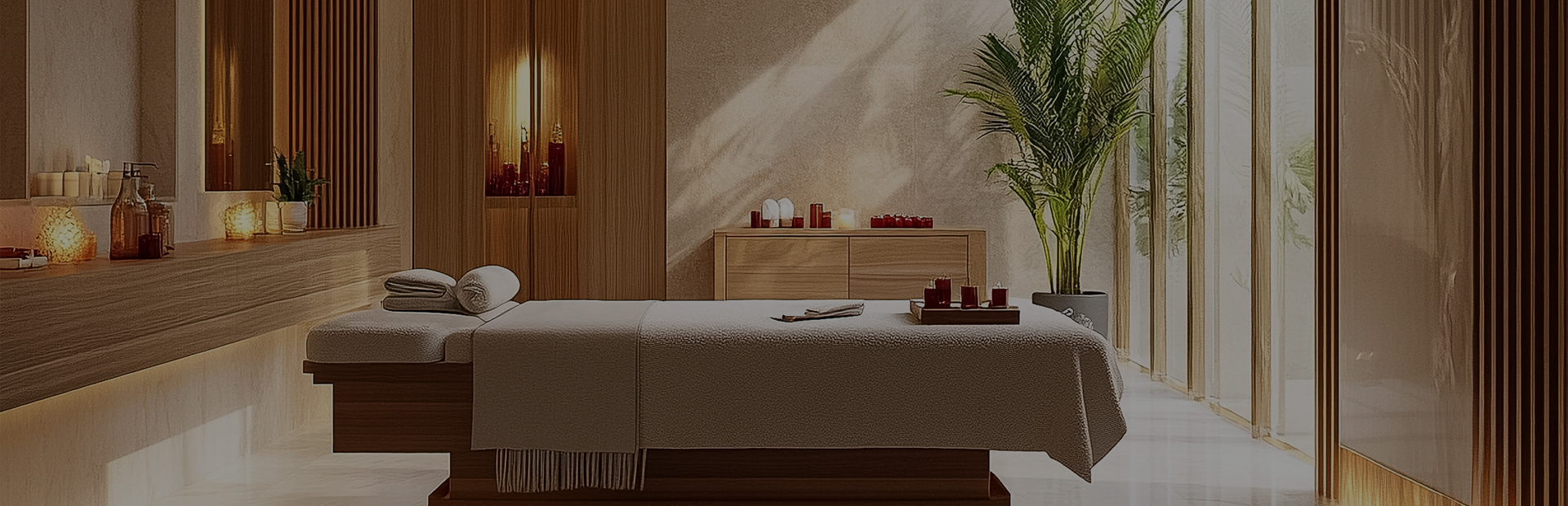 a massage table with candles and a plant