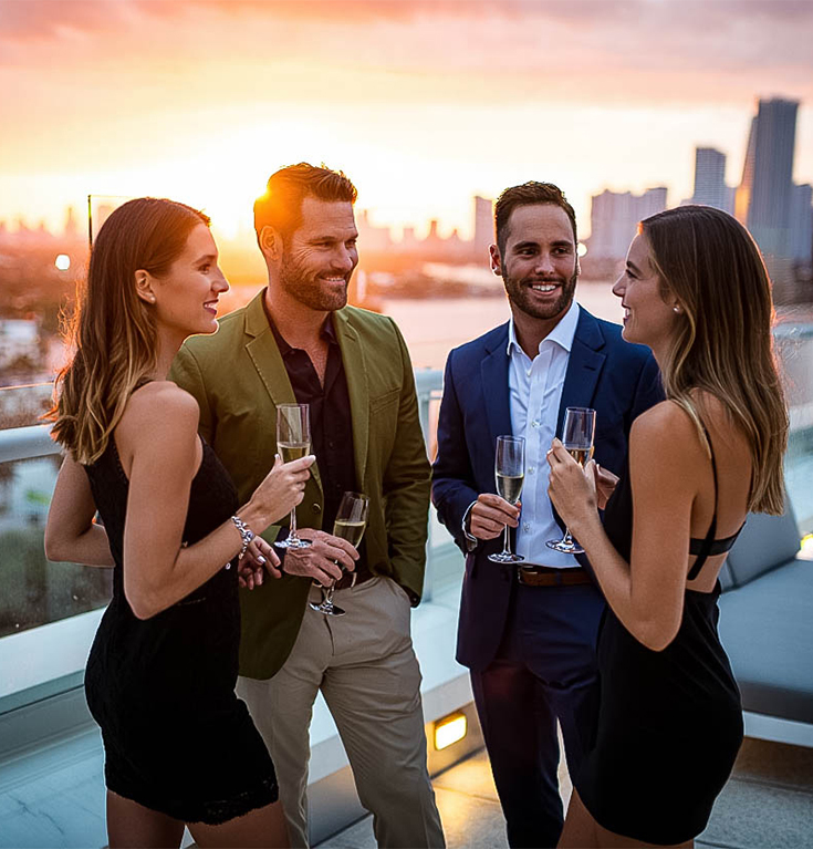 a group of people standing on a rooftop with drinks
