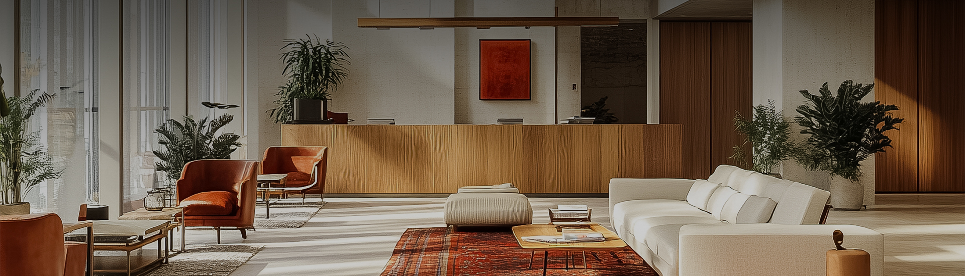 a reception desk with a couch and a rug