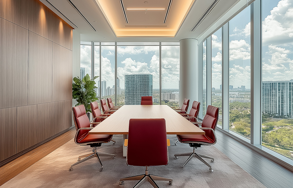 a conference room with a table and chairs