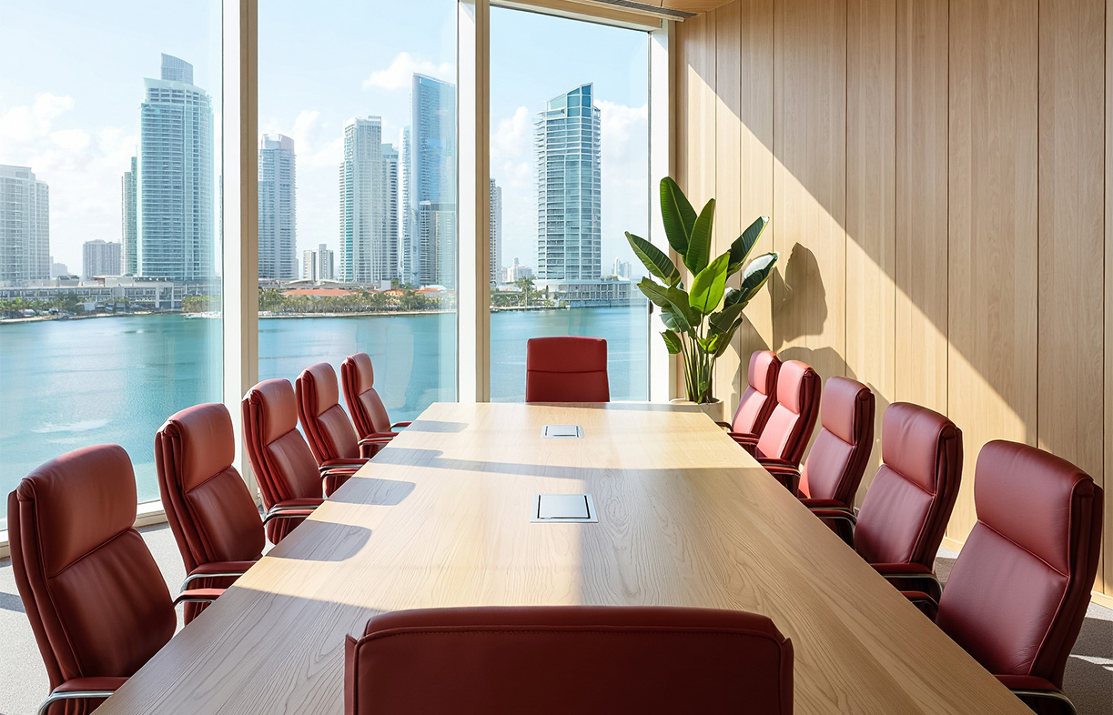 a conference room with a table and chairs by a window