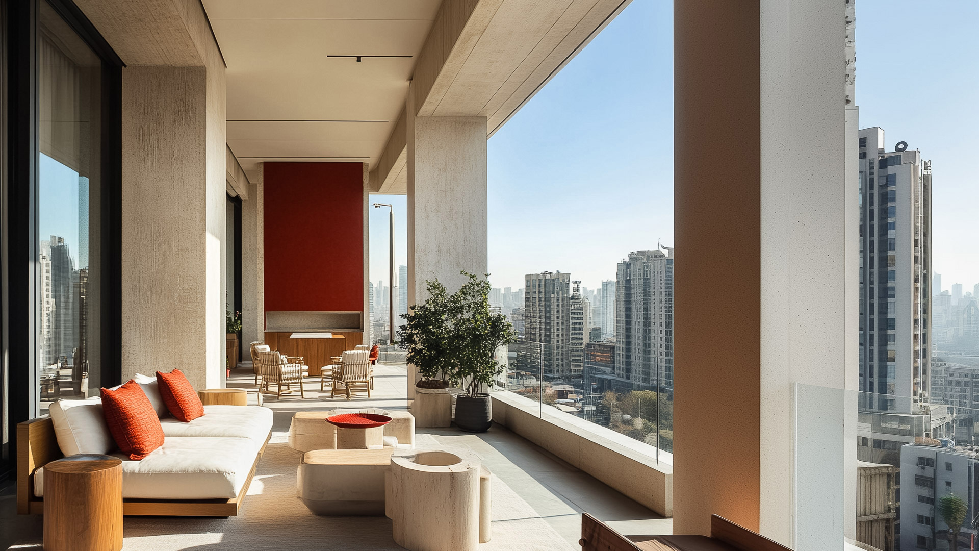 a large room with a view of a city main