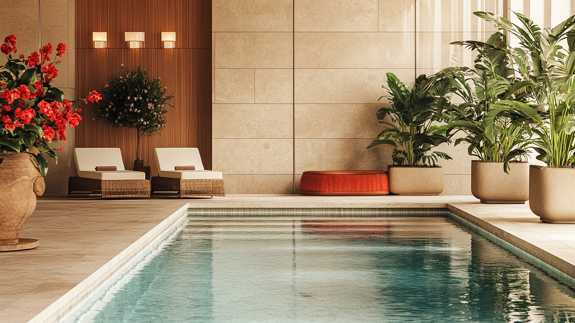 a swimming pool with a lounge chair and a plant main