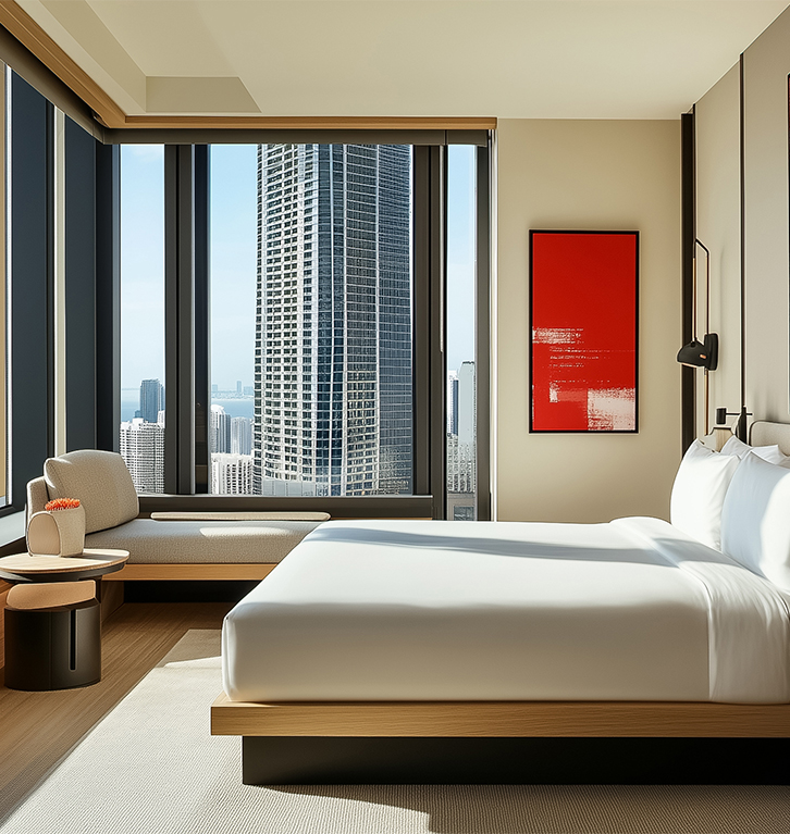 a bedroom with a large bed and a large window