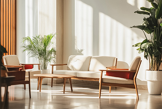 a room with white couches and tables