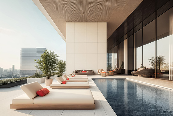 a pool with lounge chairs and a large window