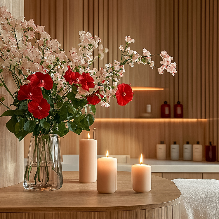a vase of flowers and candles on a table