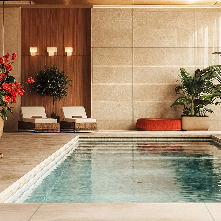 a indoor pool with a plant in it