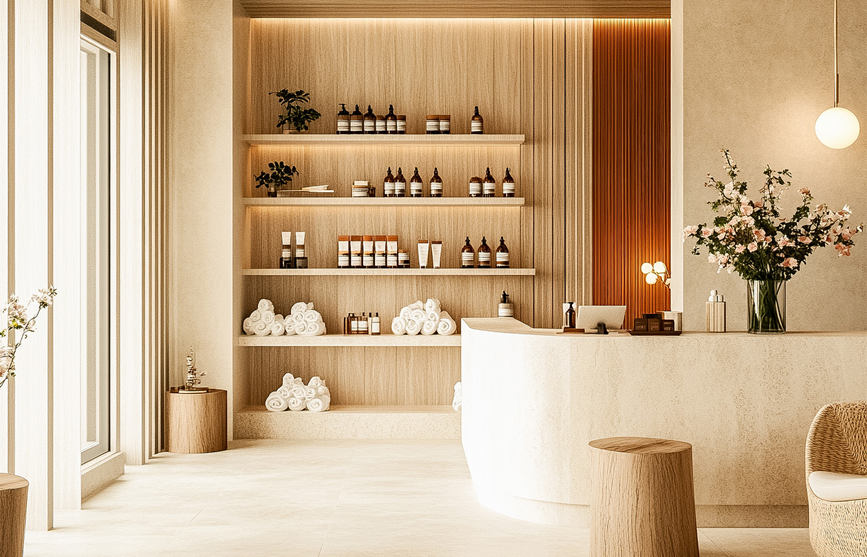 a room with a counter and shelves of towels
