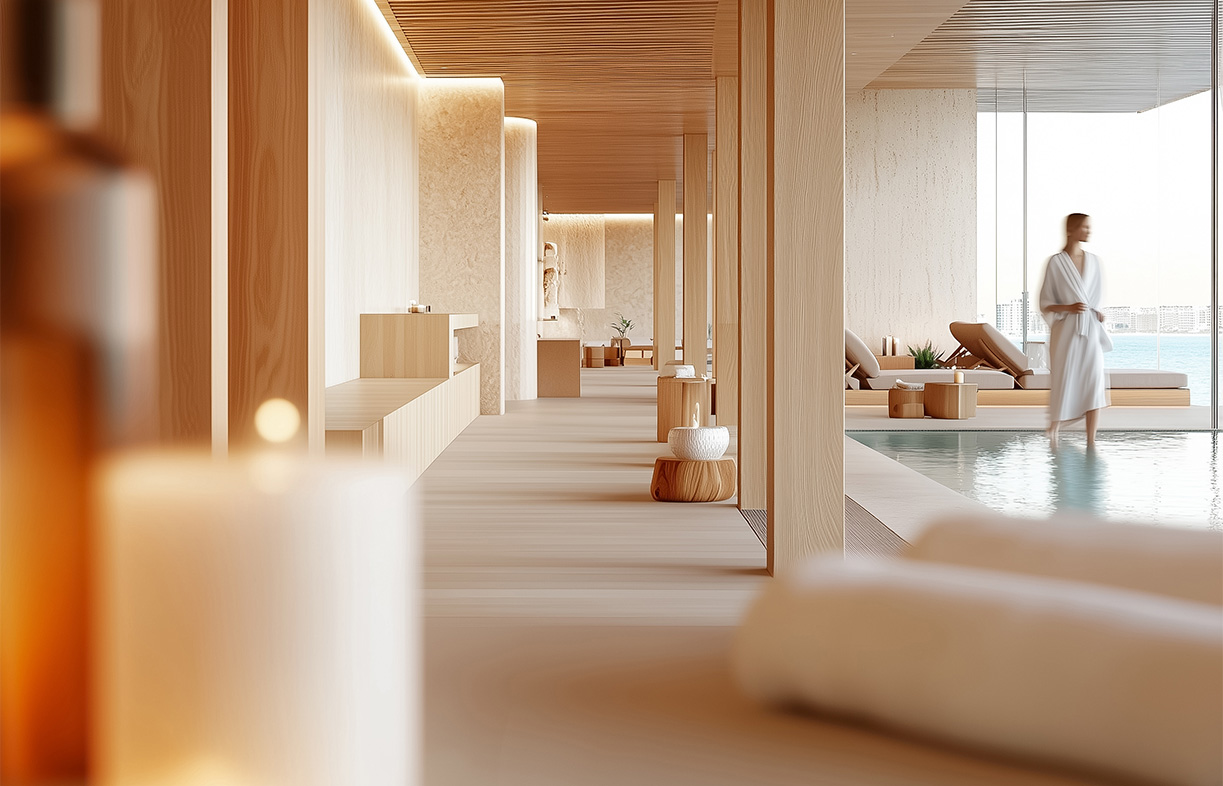 a room with a pool and a large tub