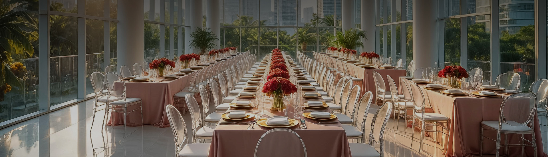 a long table set for a dinner party
