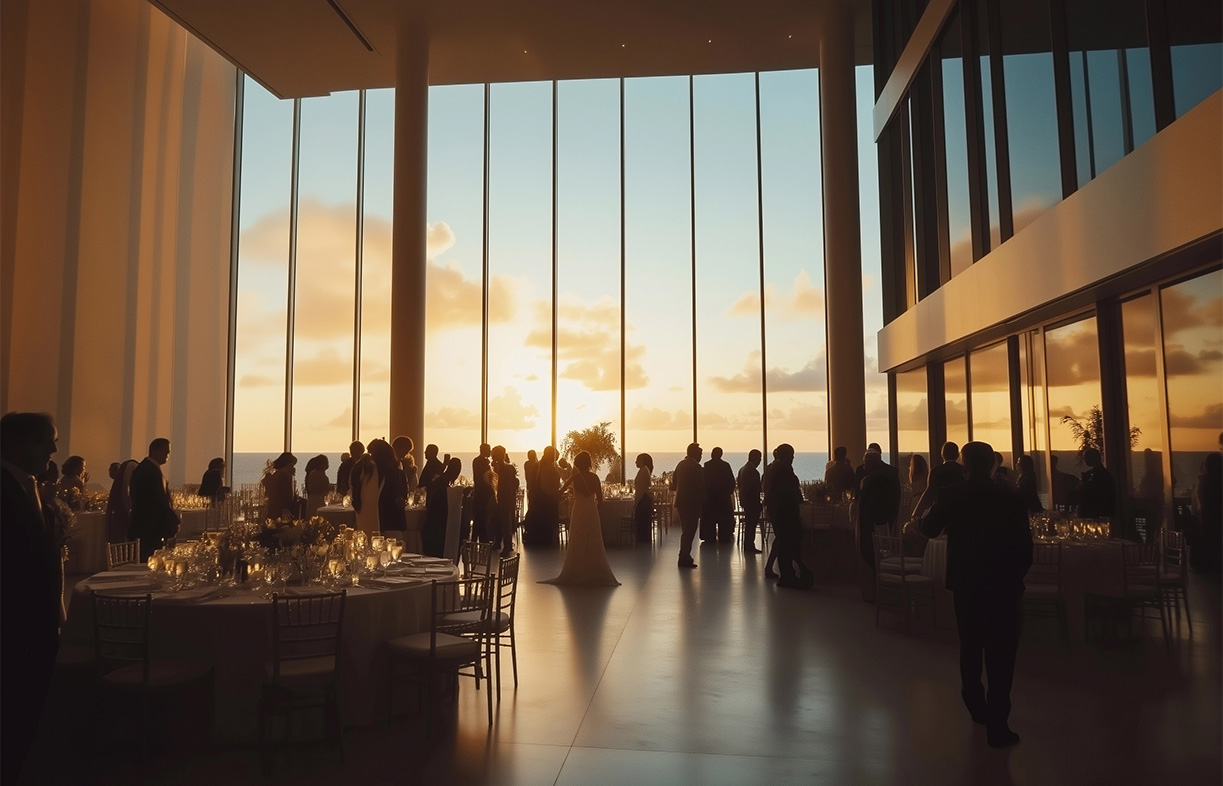 a group of people in a room with large windows