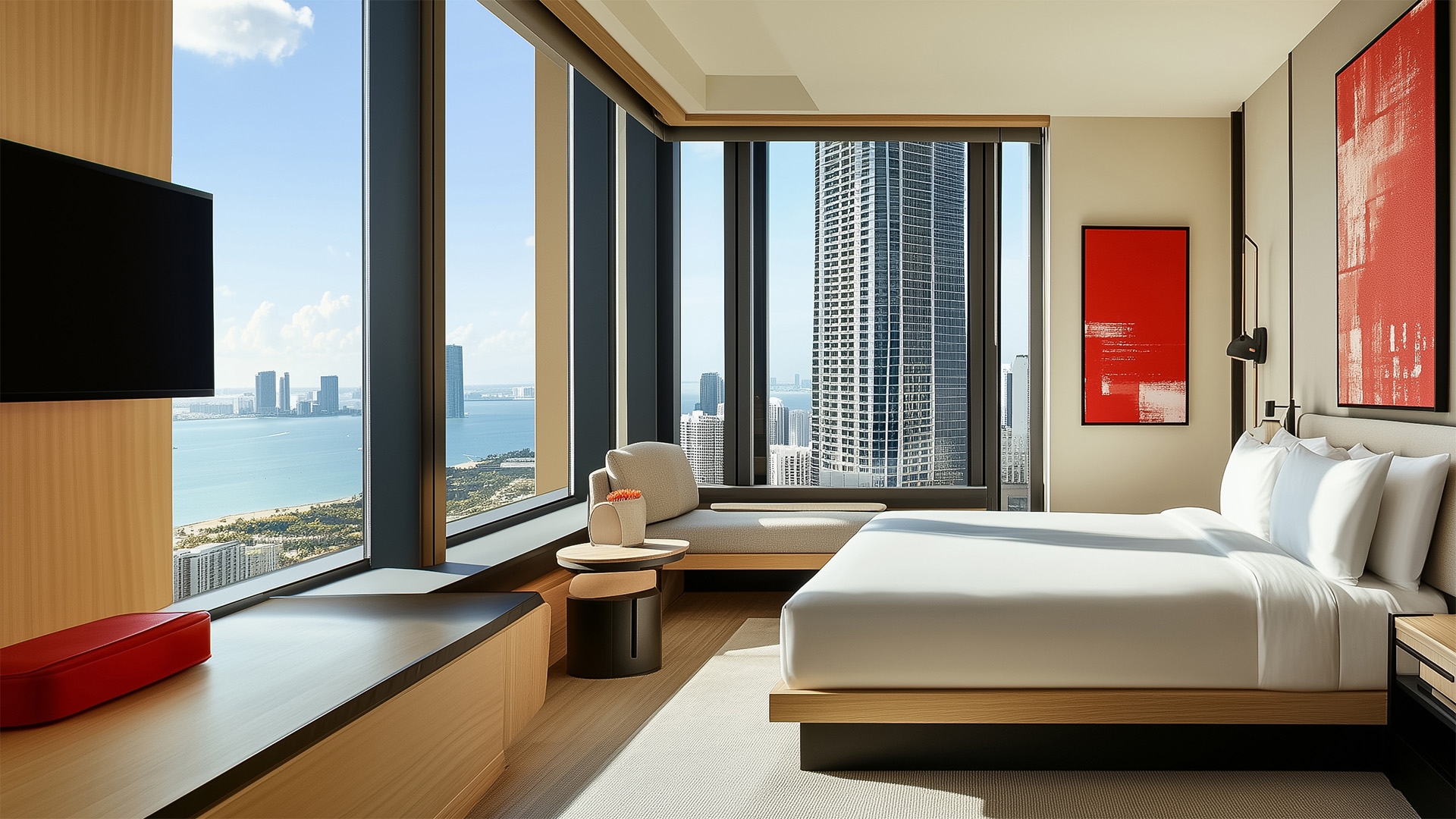 a room with a large window overlooking a city