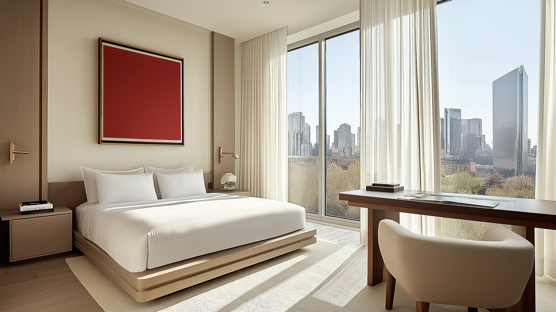 a bedroom with a desk and a bed