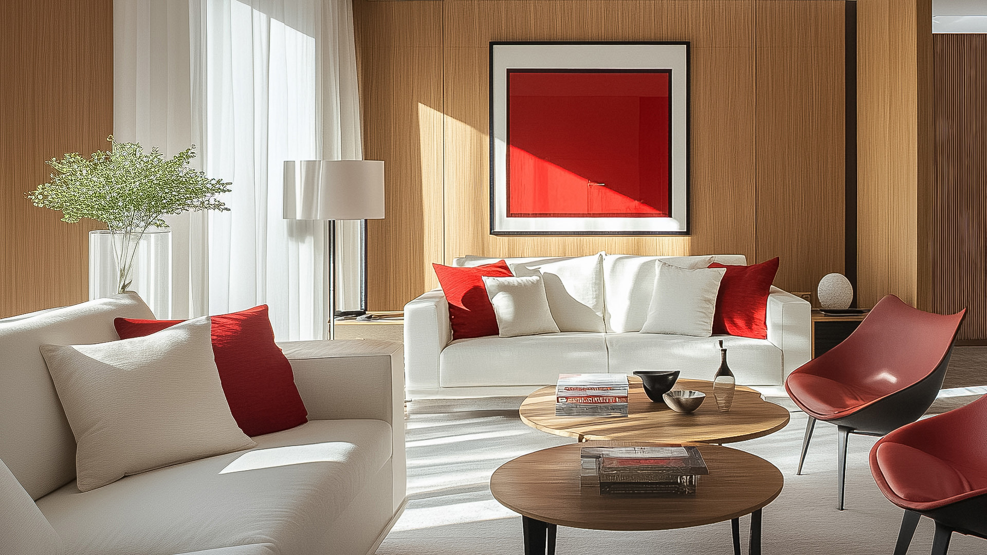 a living room with white couches and red pillows